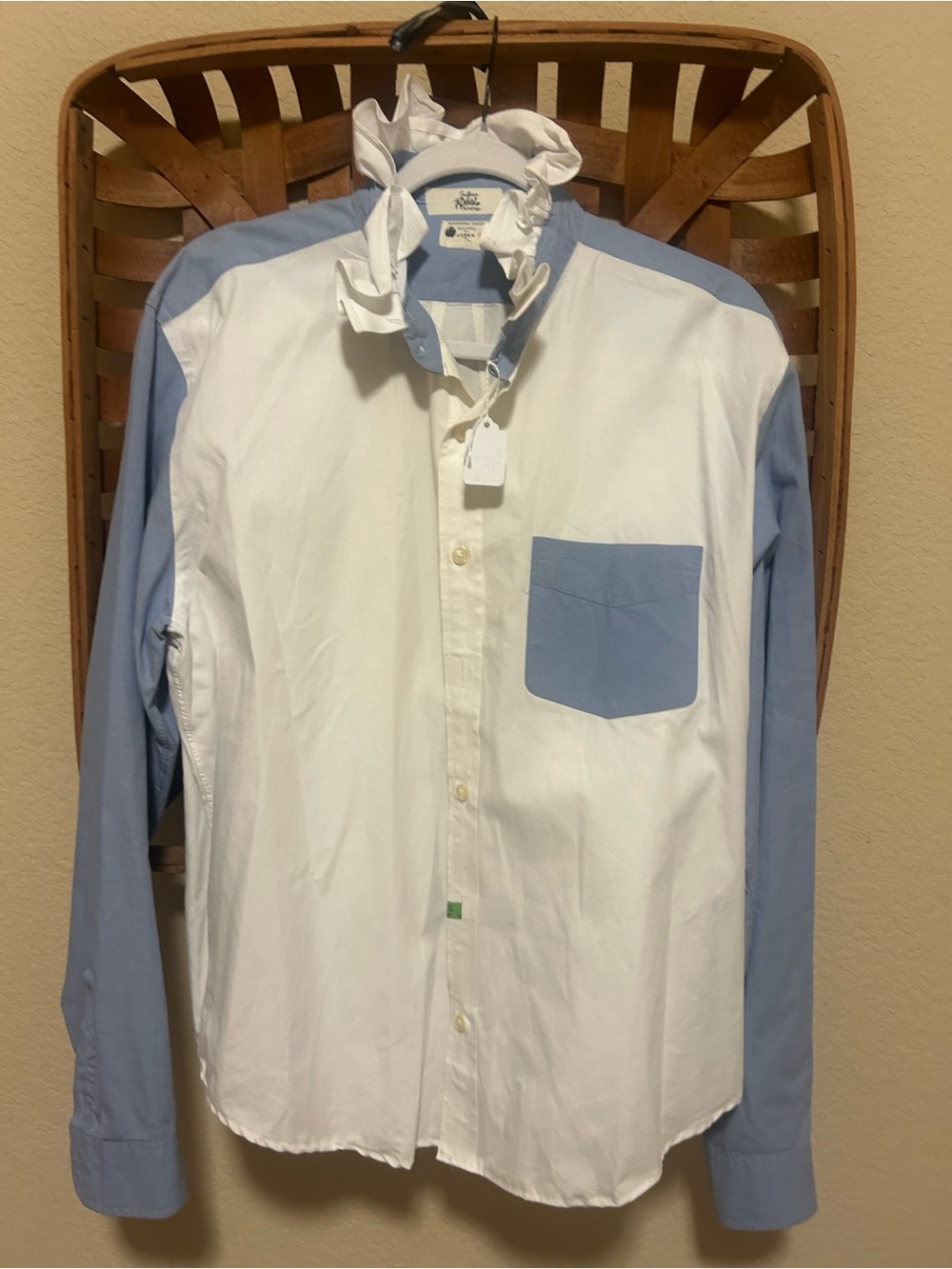 Classic Ruffle Collar Two-Tone Button-Down Shirt - White & Light Blue